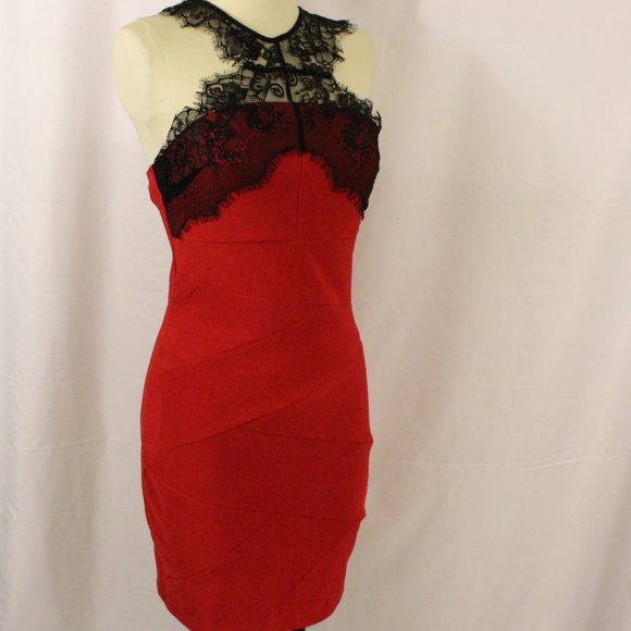 Retro Pinup Style Body Con Sexy Red Dress with Halter and Lace Detailing - Picture 4 of 7